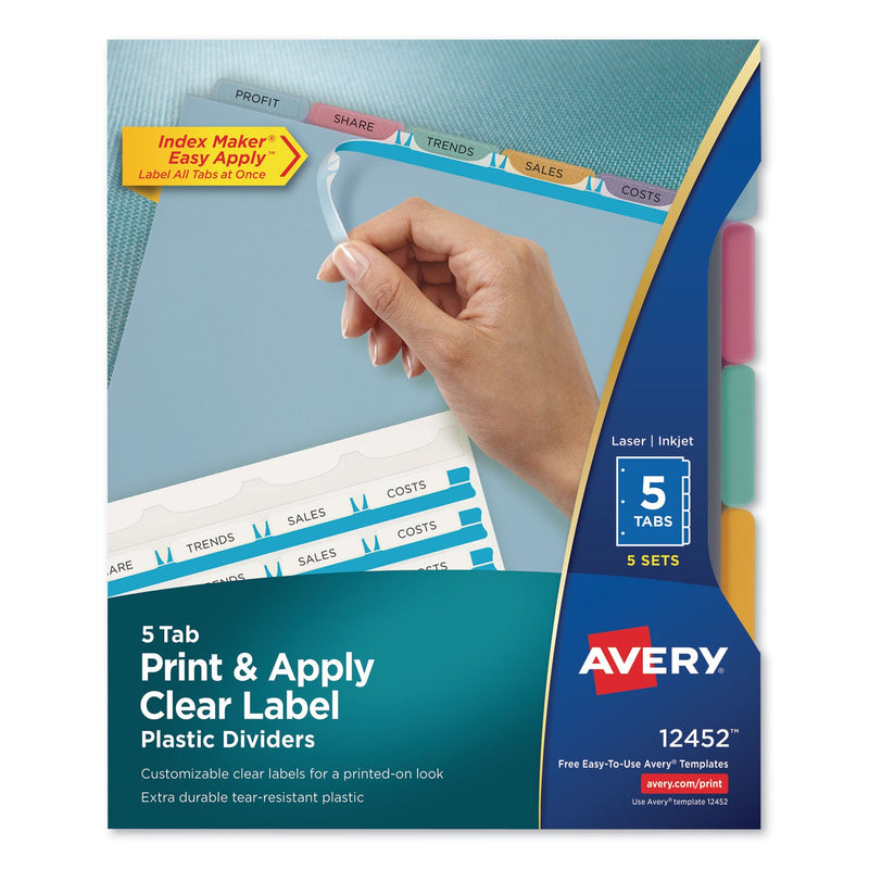 Avery Print and Apply Index Maker Clear Label Plastic Dividers with Printable Label Strip, 5-Tab, 11 x 8.5, Assorted Tabs, 5 Sets
