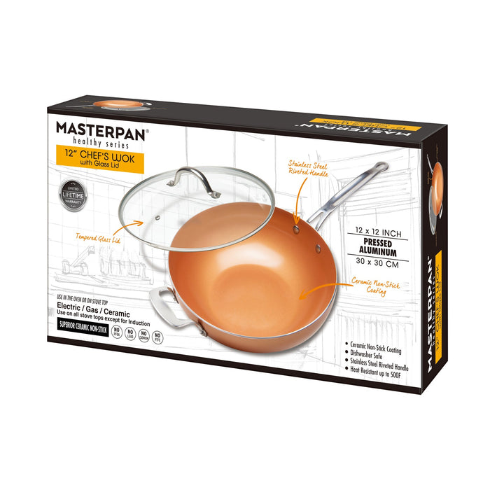 MASTERPAN Ceramic Nonstick Copper Color Wok & Glass Lid, 12" (30cm)
