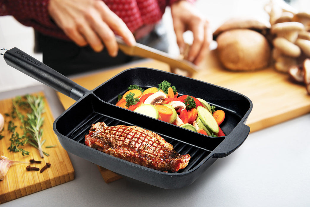 3 PACK BUNDLE - 11" HEAVY DUTY GRILL PAN + 11" 2-SECTION PAN + 3-SECTION PAN, WITH DETACHEABLE BAKELITE HANDLE, CAST ALUMINUM WITH SUPERIOR NON-STICK