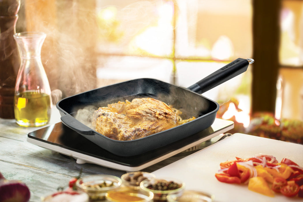 3 PACK BUNDLE - 11" HEAVY DUTY GRILL PAN + 11" 2-SECTION PAN + 3-SECTION PAN, WITH DETACHEABLE BAKELITE HANDLE, CAST ALUMINUM WITH SUPERIOR NON-STICK