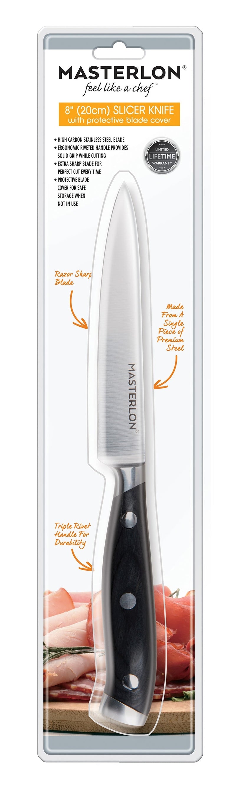 MASTERPAN Essential Chef’s Knife Bundle - 8" Chef’s Knife, 8" Slicer Knife & 7" Santoku Knife - Stainless Steel Blades with Protective Covers