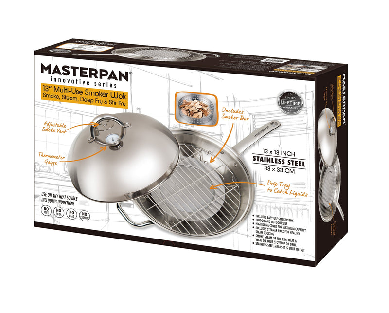 MASTERPAN 4-in-1 Multi-Use Smoker Wok With Stainless Steel Lid, 13" (33cm)