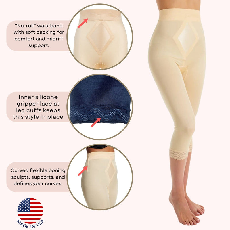 Style 6266 | High Waist Capri Pant Liner with Tummy Control Satin Panel| Memory Compression Fabric | Medium Support