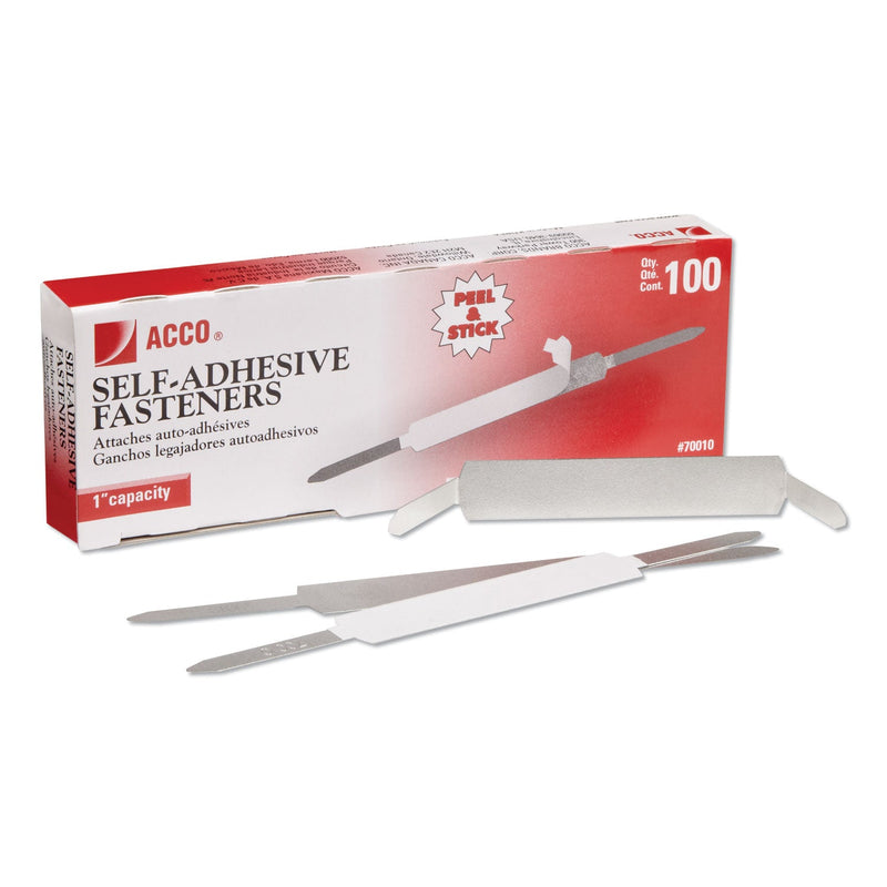 ACCO Self-Adhesive Two-Prong Paper Fastener Bases, 1" Capacity, 2.75" Center to Center, Matte Steel, 100/Box