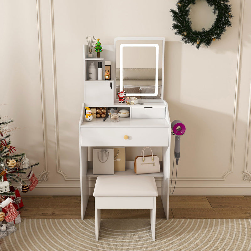 LED Vanity Mirror With Stool, 2 Drawers & 5 Storage Cabinets, Adjustable Lighting Mdf Dressing Table For Bedroom - White