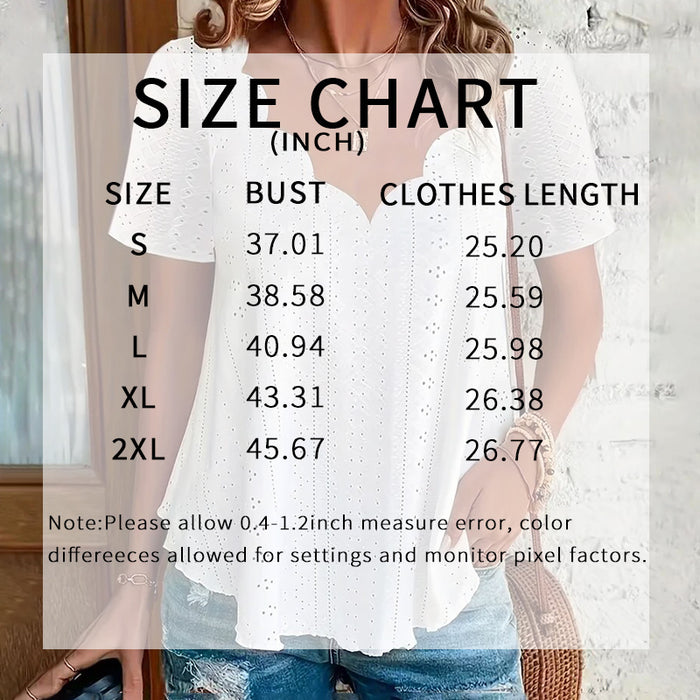 Womens Summer Scallop Trim V Neck Eyelet T-Shirt Short Sleeve Top Dressy Casual Tunic Blouses