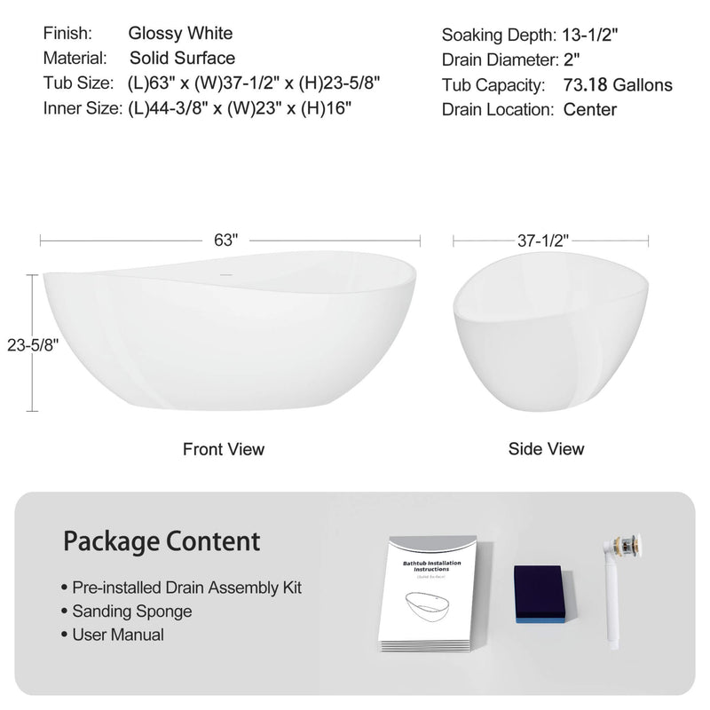 Nuvia 63-Inch Freestanding Glossy White Stone Resin Bathtub With Overflow And Drain (SAK42613)