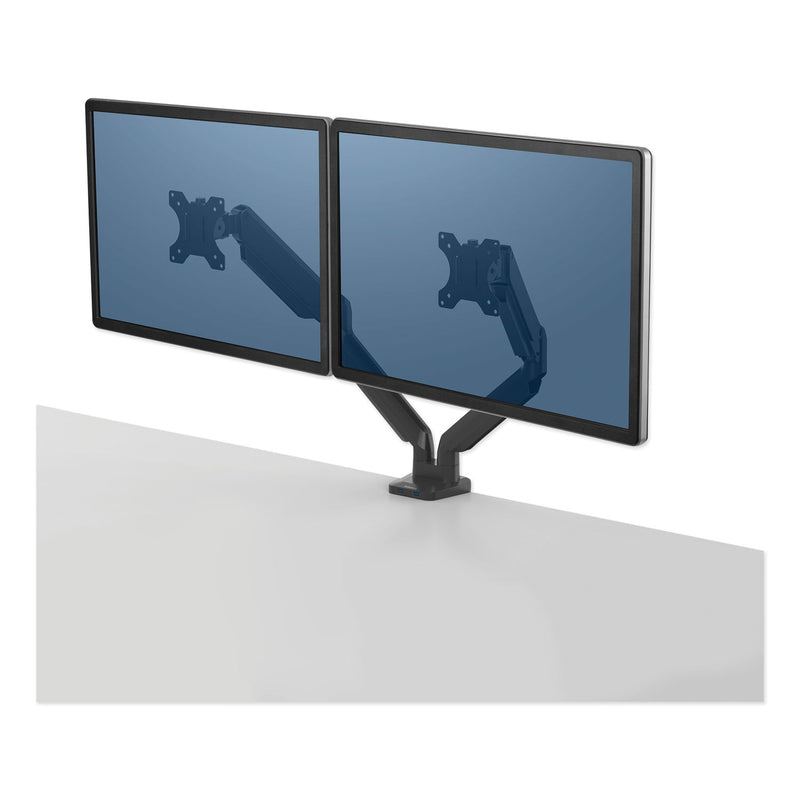 Fellowes Platinum Series Dual Monitor Arm for 27" Monitors, 360 deg Rotation, +85 deg/-20 deg Tilt, 360 deg Pan, Black, Supports 20 lb