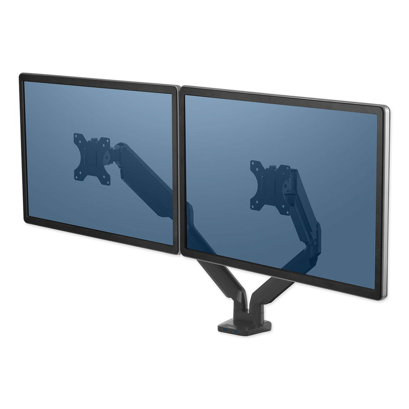 Fellowes Platinum Series Dual Monitor Arm for 27" Monitors, 360 deg Rotation, +85 deg/-20 deg Tilt, 360 deg Pan, Black, Supports 20 lb