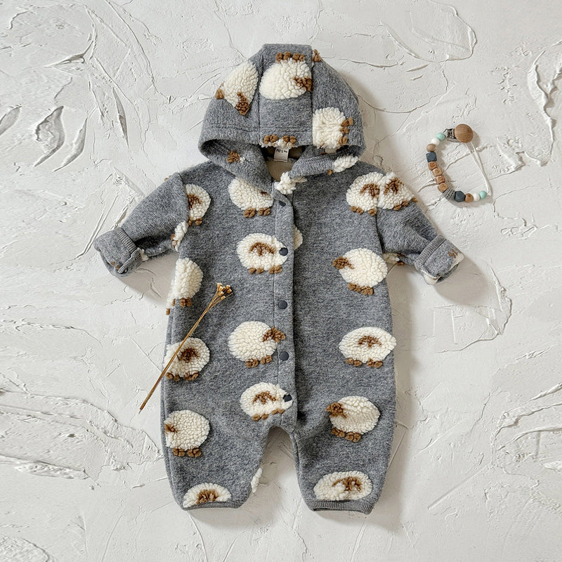 Gray Hooded Lambskin Romper For Babies And Toddlers