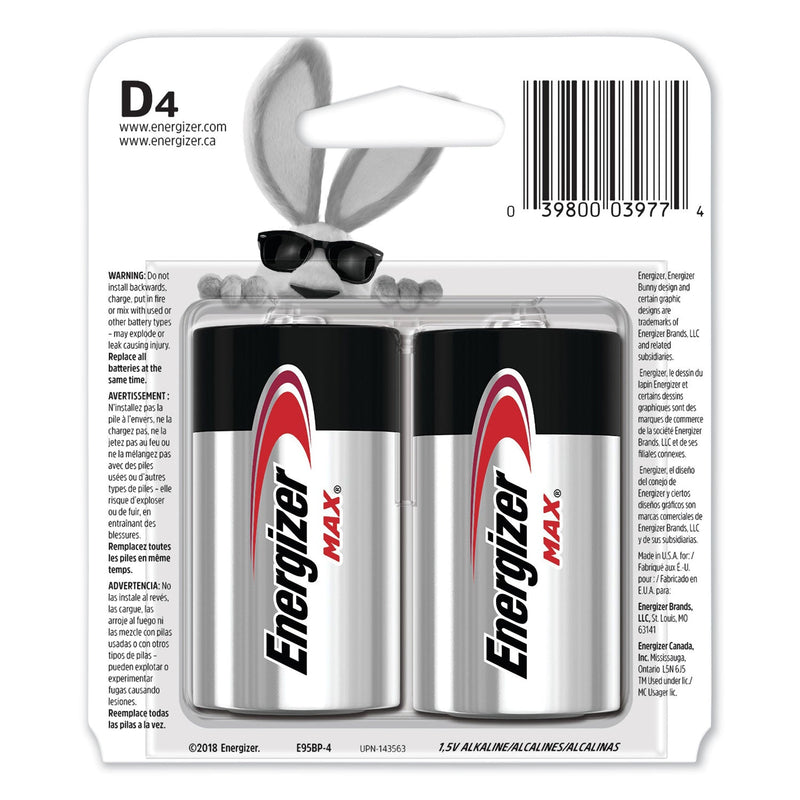 Energizer MAX Alkaline D Batteries, 1.5 V, 4/Pack