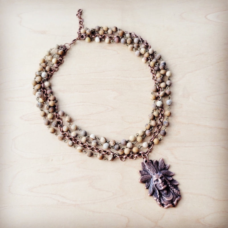 Picture Jasper Beaded Collar Necklace w/ Indian Pendant 260t
