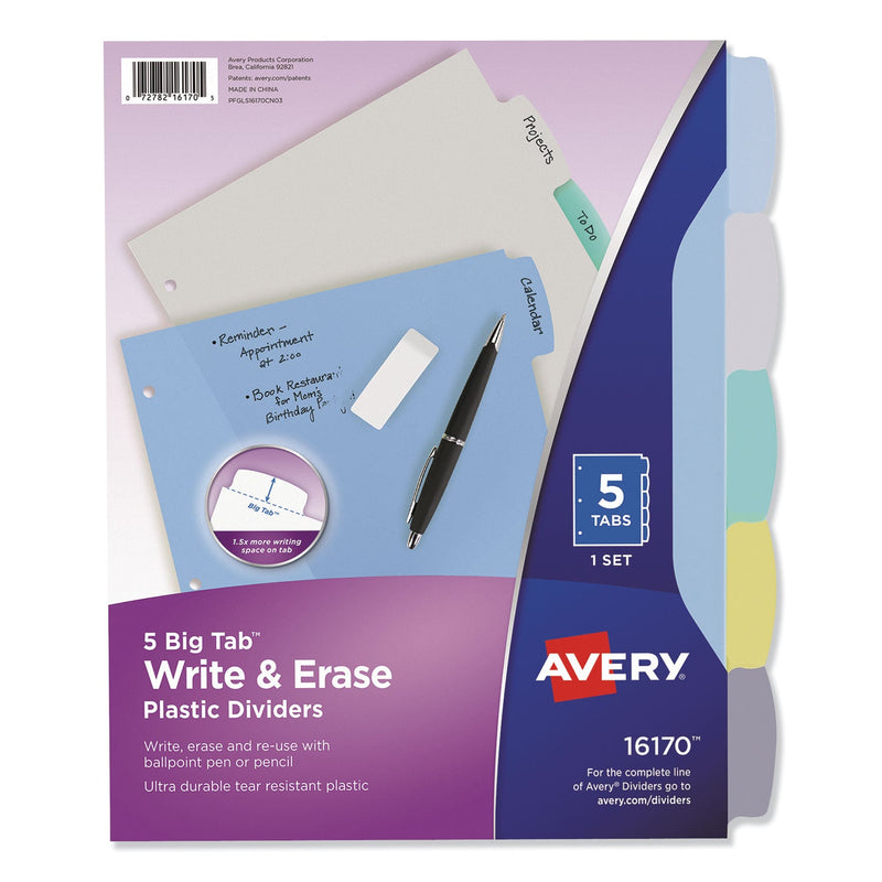 Avery Write and Erase Big Tab Durable Plastic Dividers, 3-Hole Punched, 5-Tab, 11 x 8.5, Assorted, 1 Set