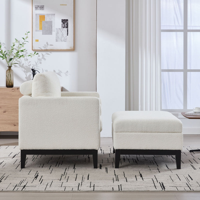 Farmhouse Upholstered Accent Chair With Ottoman, Reversible Lid Coffee Table