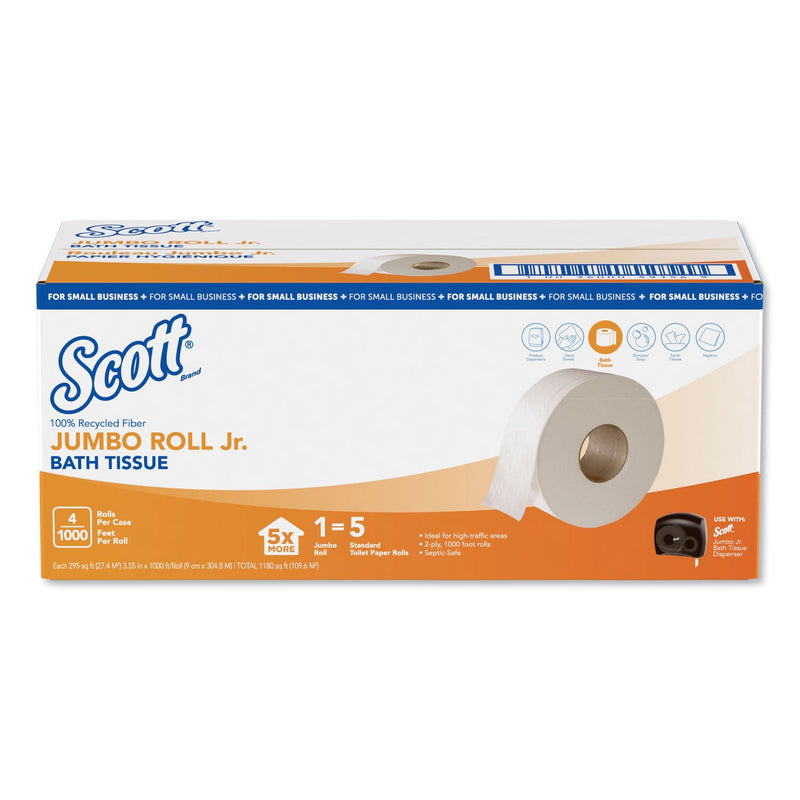 Scott Essential 100% Recycled Fiber JRT Bathroom Tissue, Septic Safe, 2-Ply, White, 3.55" x 1,000 ft, 4 Rolls/Carton