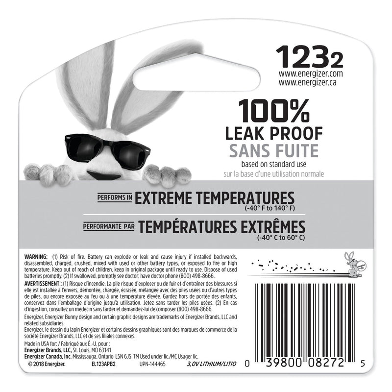 Energizer 123 Lithium Photo Battery, 3 V, 2/Pack