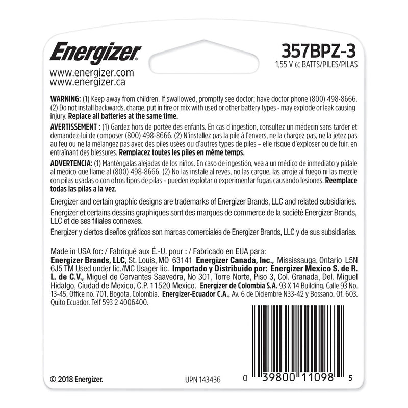 Energizer 357/303 Silver Oxide Button Cell Battery, 1.5 V, 3/Pack