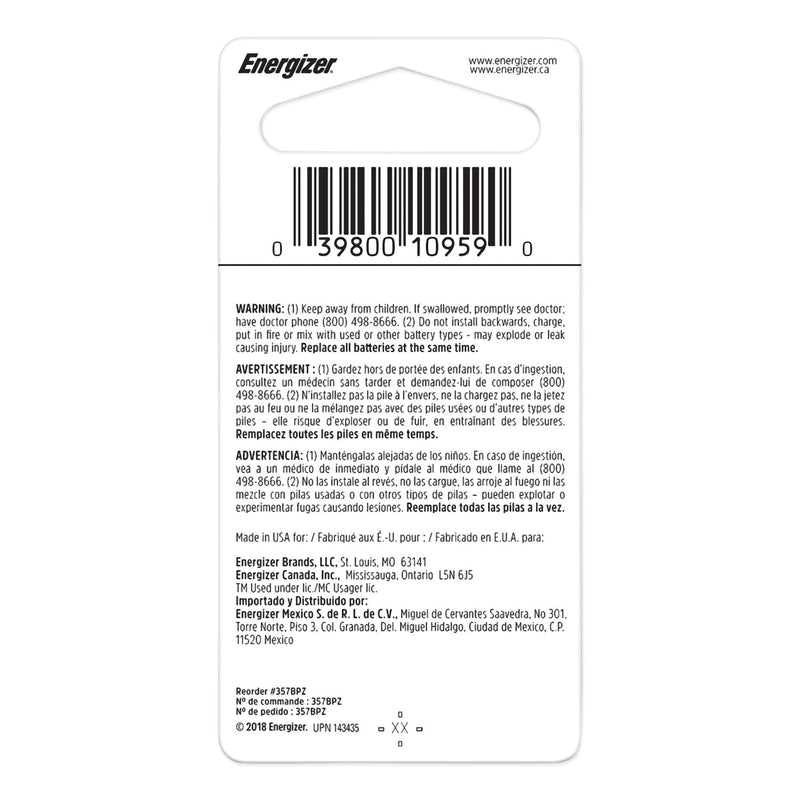 Energizer 357/303 Silver Oxide Button Cell Battery, 1.5 V