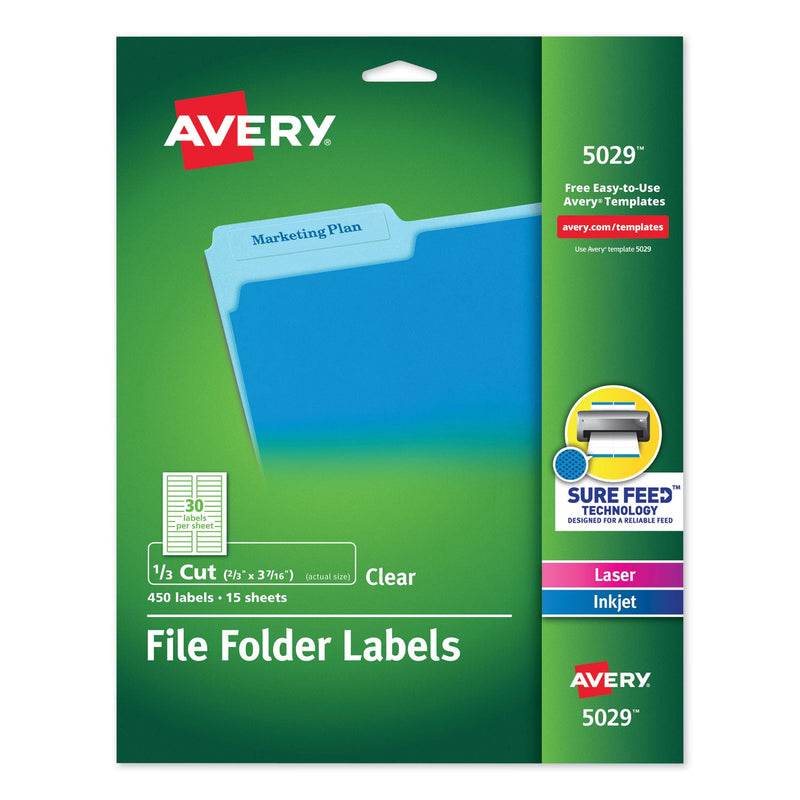 Avery Clear Permanent File Folder Labels with Sure Feed Technology, 0.66 x 3.44, Clear, 30/Sheet, 15 Sheets/Pack