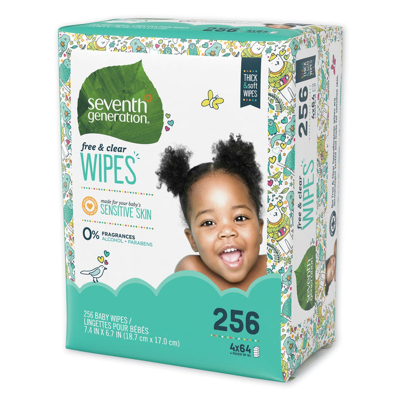 Seventh Generation Free and Clear Baby Wipes, 7 x 7, Refill, Unscented, White, 256/Pack, 3 Packs/Carton