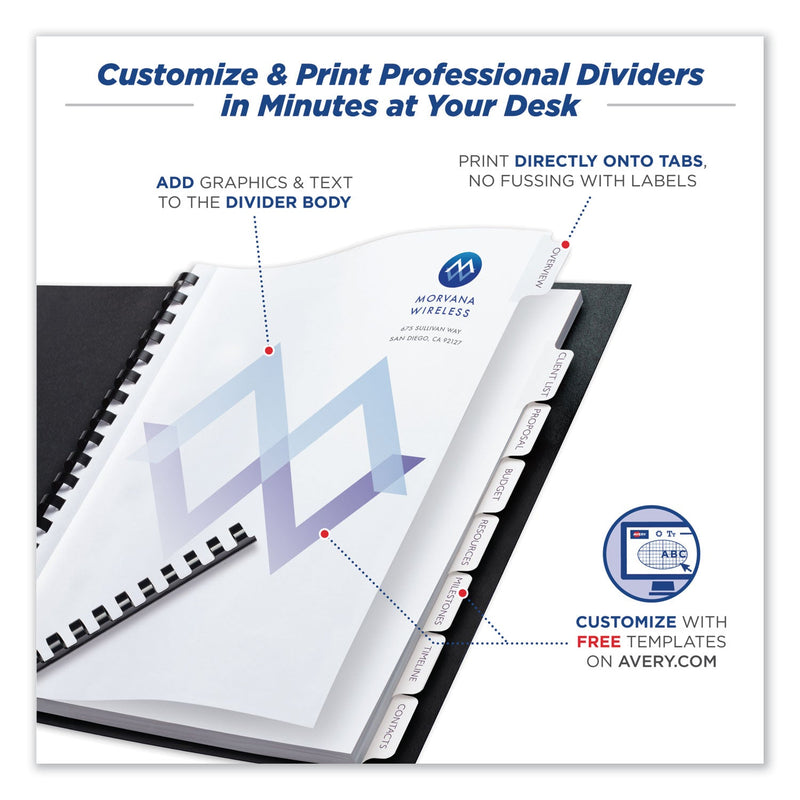 Avery Customizable Print-On Dividers, Unpunched, 8-Tab, 11 x 8.5, White, 5 Sets