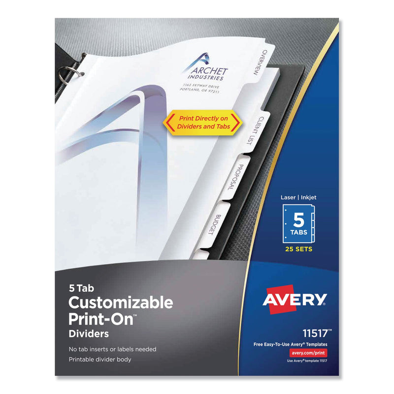 Avery Customizable Print-On Dividers, 3-Hole Punched, 5-Tab, 11 x 8.5, White, 25 Sets