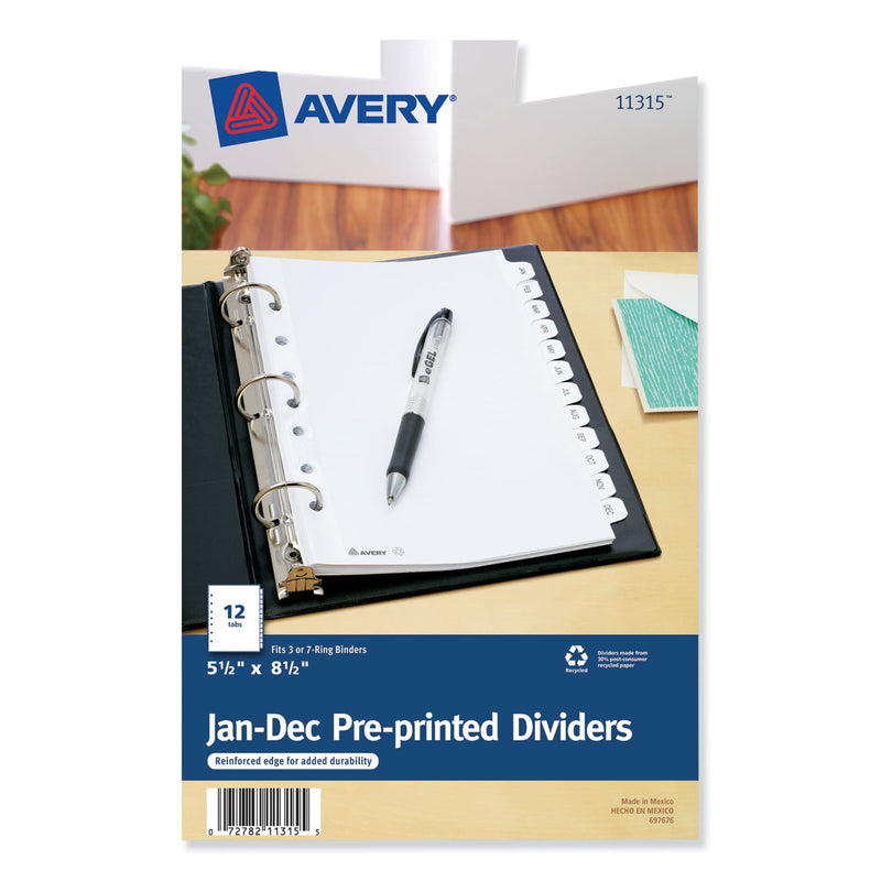 Avery Preprinted Tab Dividers, 12-Tab, Jan. to Dec., 8.5 x 5.5, White, 1 Set
