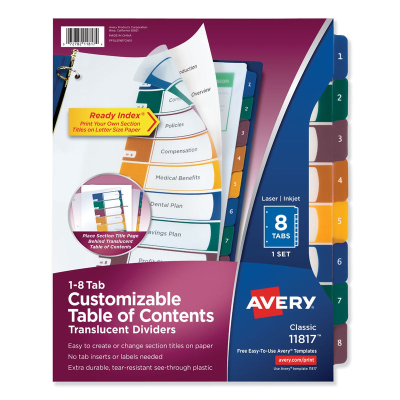 Avery Customizable Table of Contents Ready Index Dividers with Multicolor Tabs, 8-Tab, 1 to 8, 11 x 8.5, Translucent, 1 Set