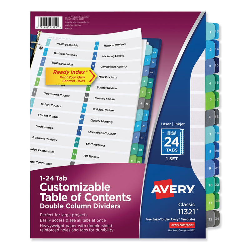 Avery Customizable TOC Ready Index Double Column Multicolor Tab Dividers, 24-Tab, 1 to 24, 11 x 8.5, White, 1 Set