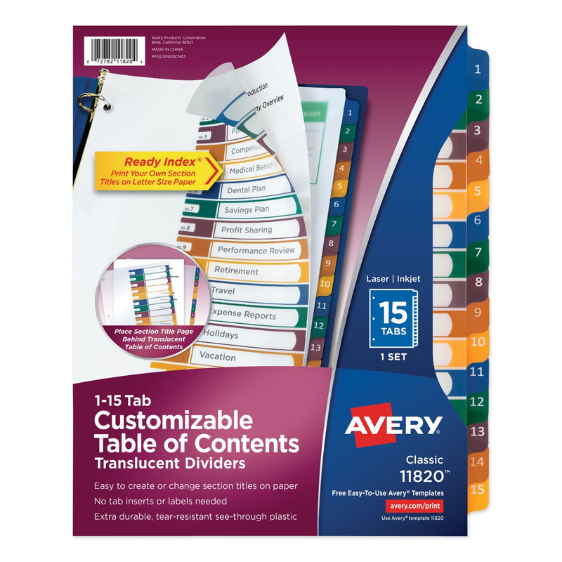 Avery Customizable Table of Contents Ready Index Dividers with Multicolor Tabs, 15-Tab, 1 to 15, 11 x 8.5, Translucent, 1 Set