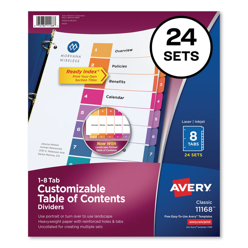 Avery Customizable TOC Ready Index Multicolor Tab Dividers, Uncollated, 8-Tab, 1 to 8, 11 x 8.5, White, 24 Sets