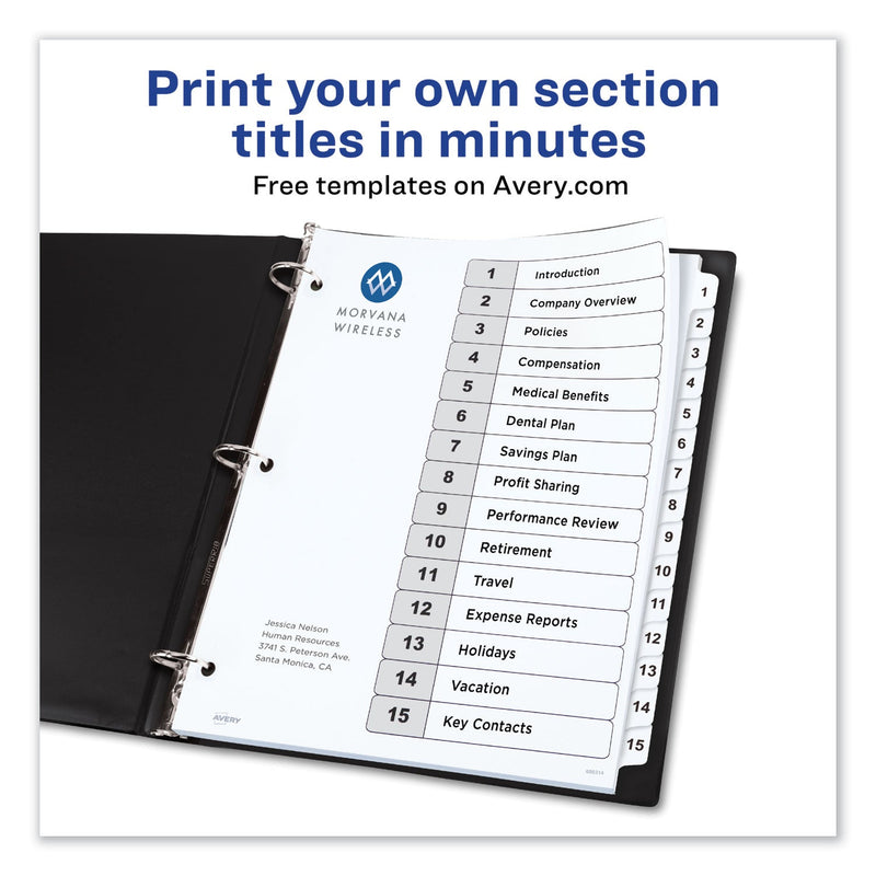 Avery Customizable TOC Ready Index Black and White Dividers, 15-Tab, 1 to 15, 11 x 8.5, 1 Set