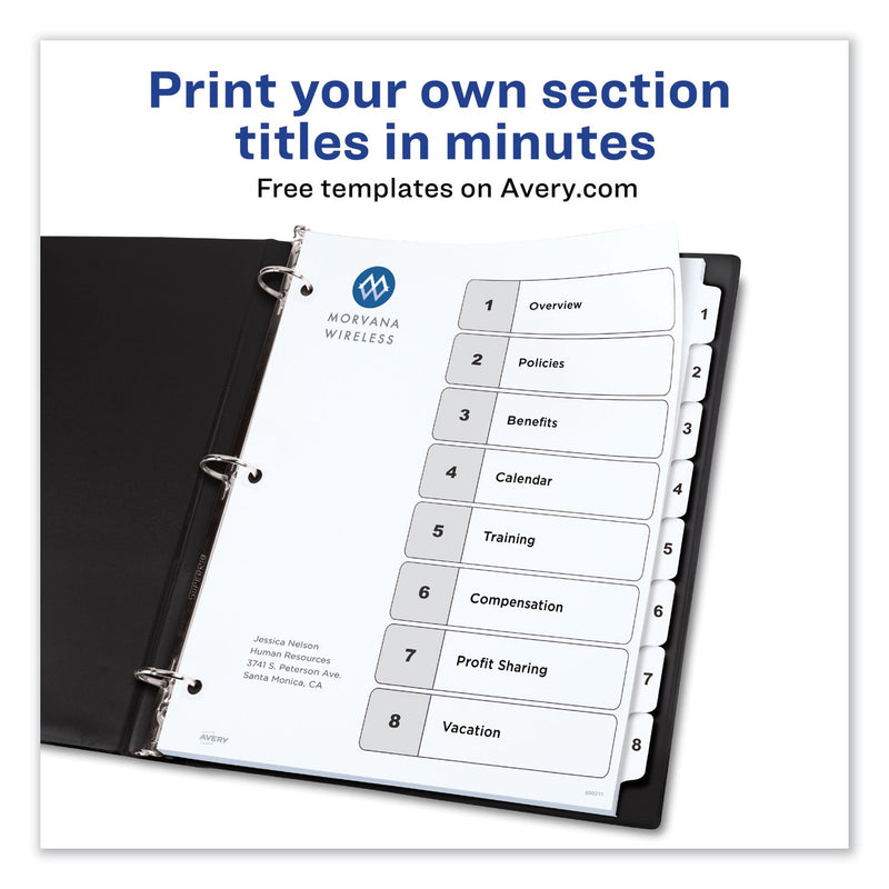 Avery Customizable TOC Ready Index Black and White Dividers, 8-Tab, 1 to 8, 11 x 8.5, 1 Set