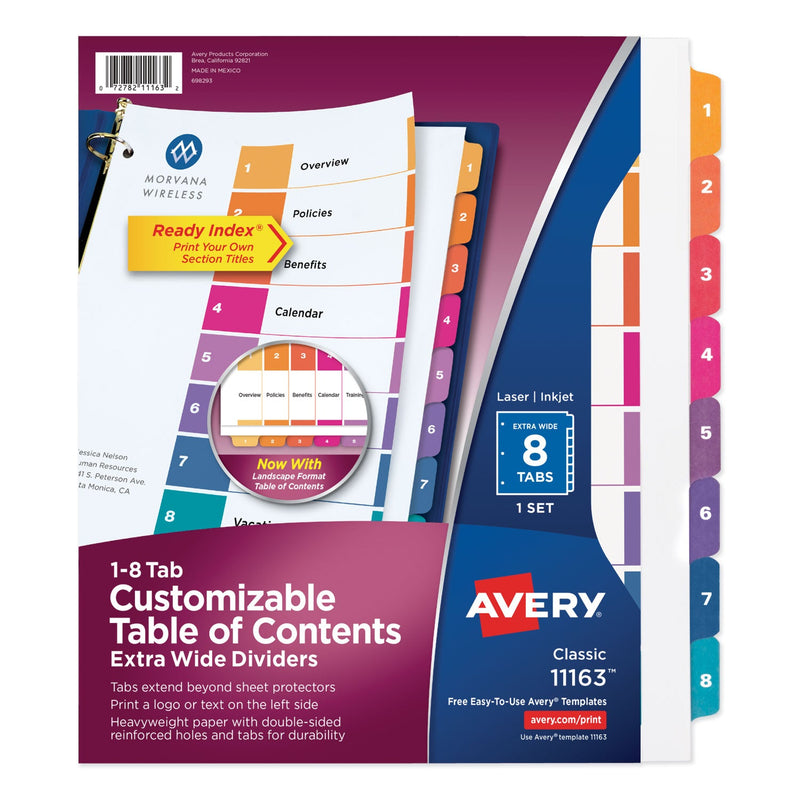 Avery Customizable TOC Ready Index Multicolor Tab Dividers, Extra Wide Tabs, 8-Tab, 1 to 8, 11 x 9.25, White, 1 Set