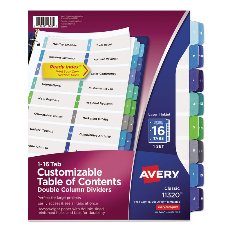 Avery Customizable TOC Ready Index Double Column Multicolor Tab Dividers, 16-Tab, 1 to 16, 11 x 8.5, White, 1 Set