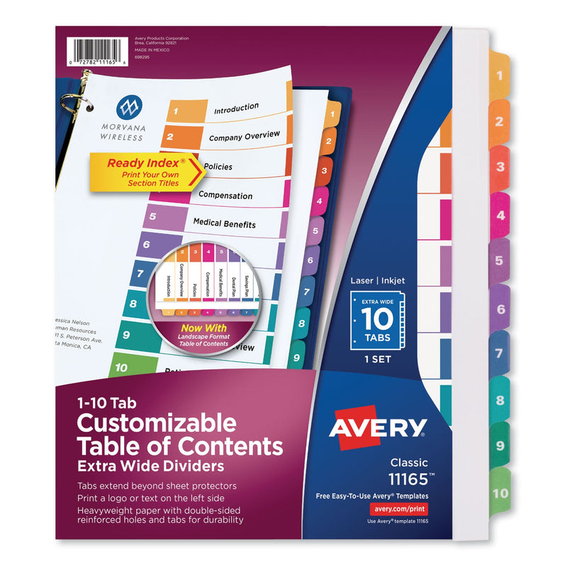Avery Customizable TOC Ready Index Multicolor Tab Dividers, Extra Wide Tabs, 10-Tab, 1 to 10, 11 x 9.25, White, 1 Set
