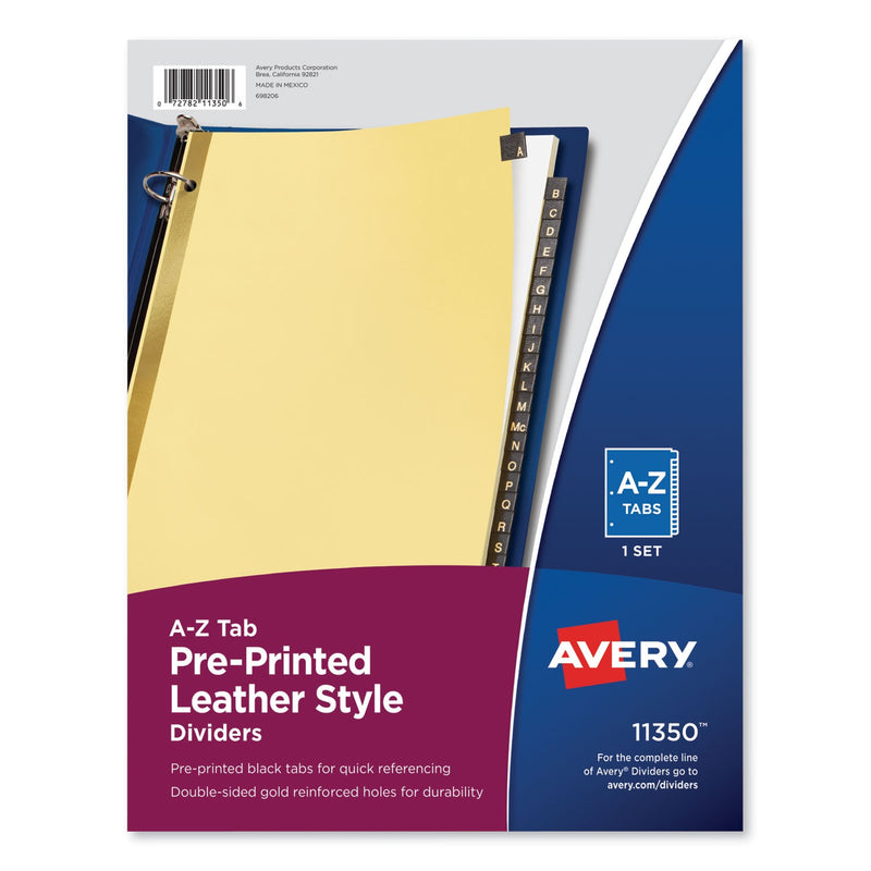 Avery Preprinted Black Leather Tab Dividers w/Gold Reinforced Edge, 25-Tab, A to Z, 11 x 8.5, Buff, 1 Set