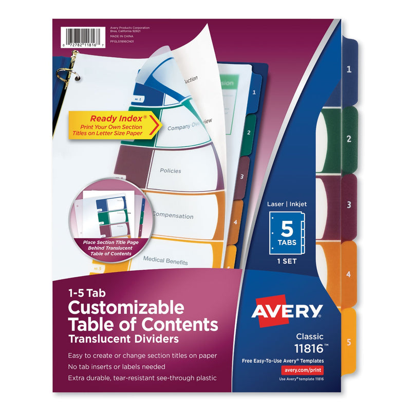 Avery Customizable Table of Contents Ready Index Dividers with Multicolor Tabs, 5-Tab, 1 to 5, 11 x 8.5, Translucent, 1 Set