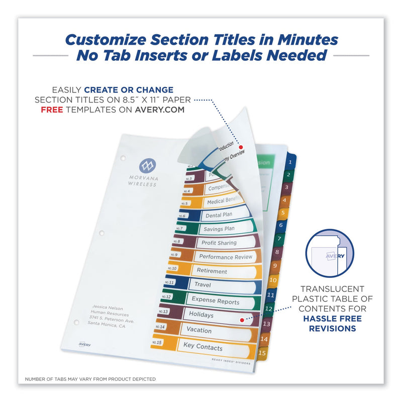 Avery Customizable Table of Contents Ready Index Dividers with Multicolor Tabs, 15-Tab, 1 to 15, 11 x 8.5, Translucent, 1 Set