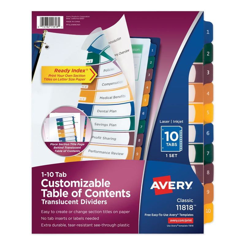 Avery Customizable Table of Contents Ready Index Dividers with Multicolor Tabs, 10-Tab, 1 to 10, 11 x 8.5, Translucent, 1 Set