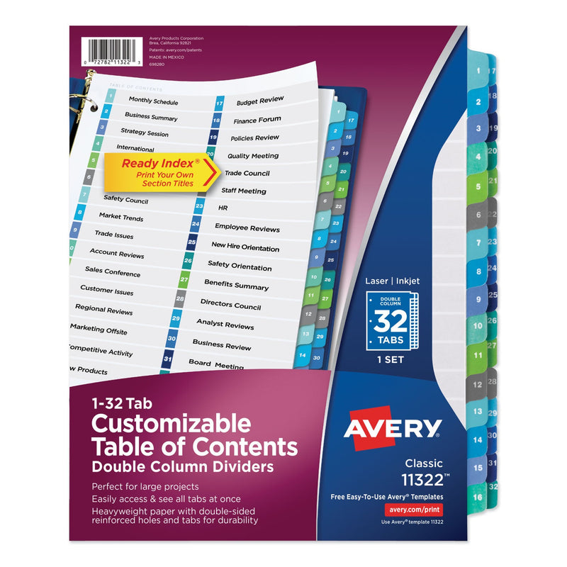 Avery Customizable TOC Ready Index Double Column Multicolor Tab Dividers, 32-Tab, 1 to 32, 11 x 8.5, White, 1 Set