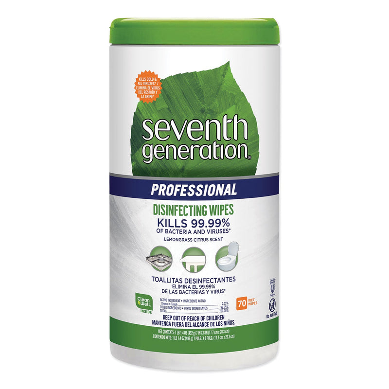 Seventh Generation Disinfecting Multi-Surface Wipes, 8 x 7, Lemongrass Citrus, 70/Canister, 6 Canisters/Carton