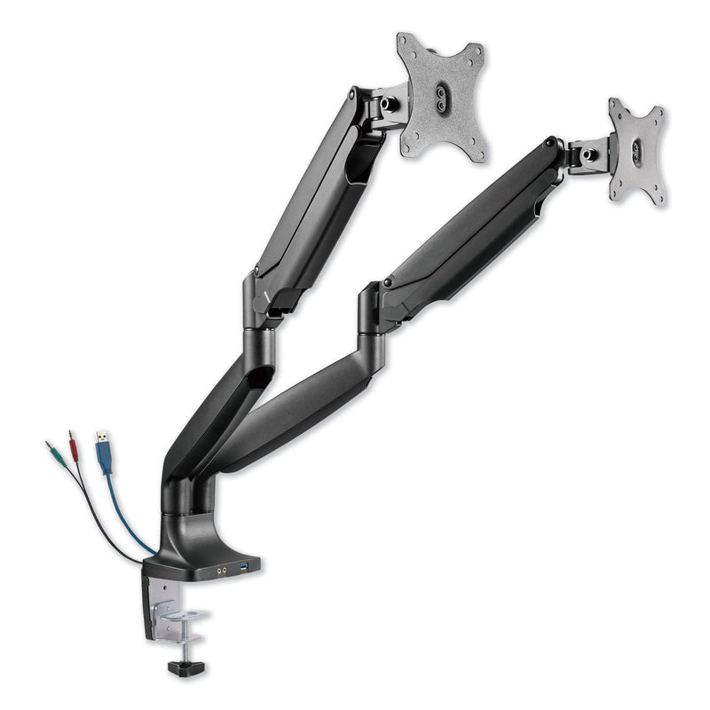 Alera AdaptivErgo Dual Monitor Arm with USB, For 27" Monitors, 180 deg Rotation, 30 deg Tilt, 135 deg Pan, Black, Supports 11 lb