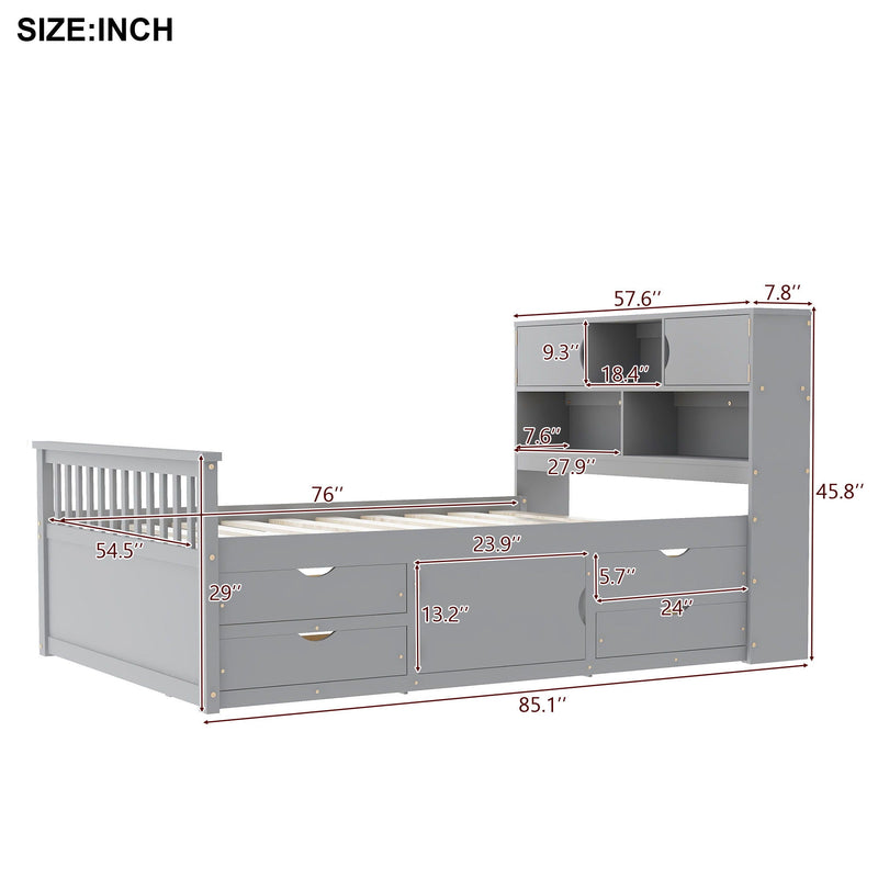 Captain Platform Bed Frame With Bookcase Headboard, 4 Drawers, Storage Shelves