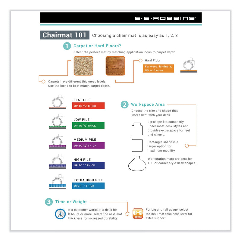 ES Robbins EverLife Light Use Chair Mat for Flat to Low Pile Carpet, Rectangular with Lip, 45" x 53", Clear