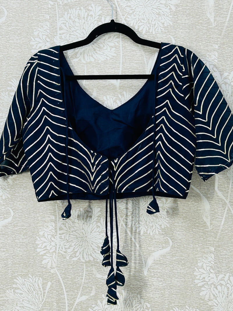 Dark blue chiffon blouse with goat Patti work