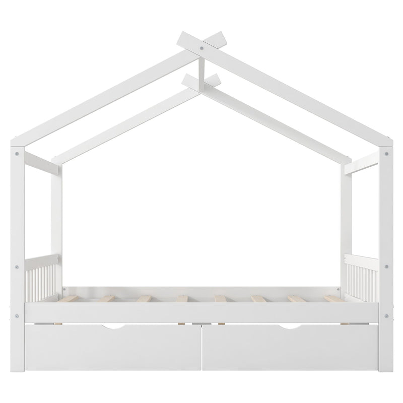 House Style Platform Bed With Headboard, Footboard, 2 Drawers, And Roof Design