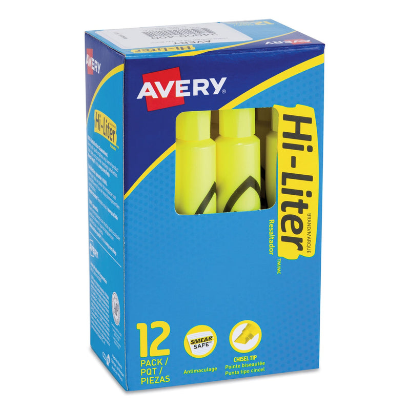 Avery HI-LITER Desk-Style Highlighters, Fluorescent Yellow Ink, Chisel Tip, Yellow/Black Barrel, Dozen