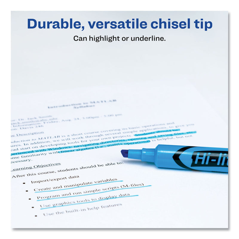 Avery HI-LITER Desk-Style Highlighters, Fluorescent Blue Ink, Chisel Tip, Blue/Black Barrel, Dozen