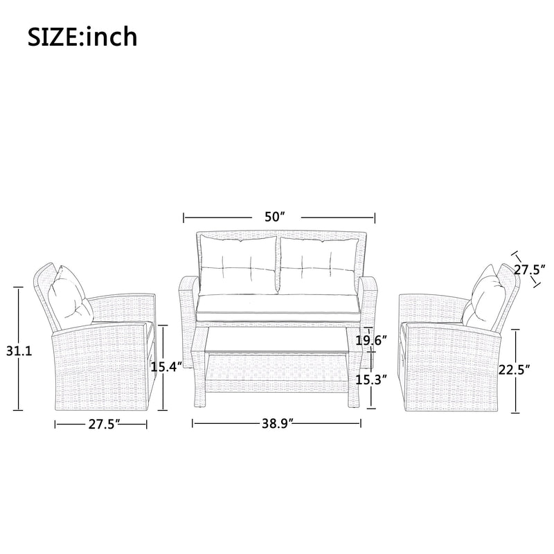 U-Style 4 Piece Outdoor Patio Furniture Set with Ottoman and Cushions